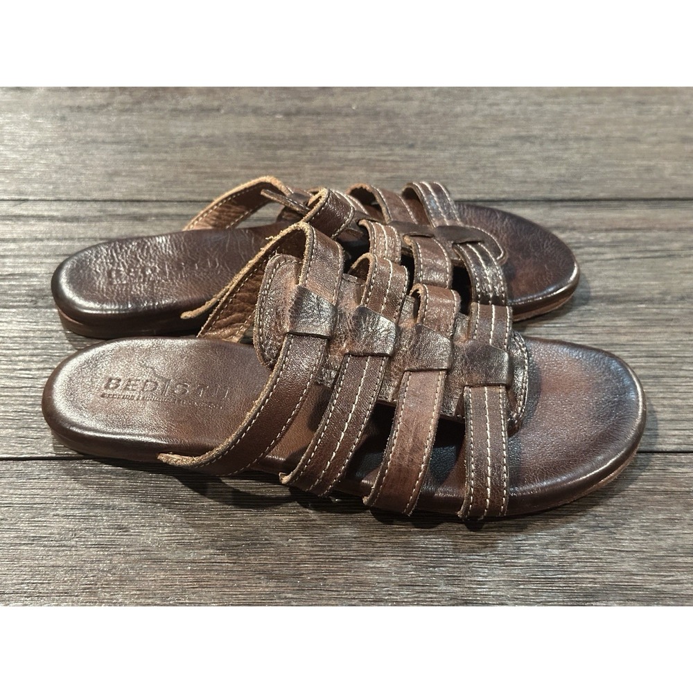 BED STU ZIRA TEAK RUSTIC Brown Boho Leather Slide Sandals Sz 6.5 beach resort‎
